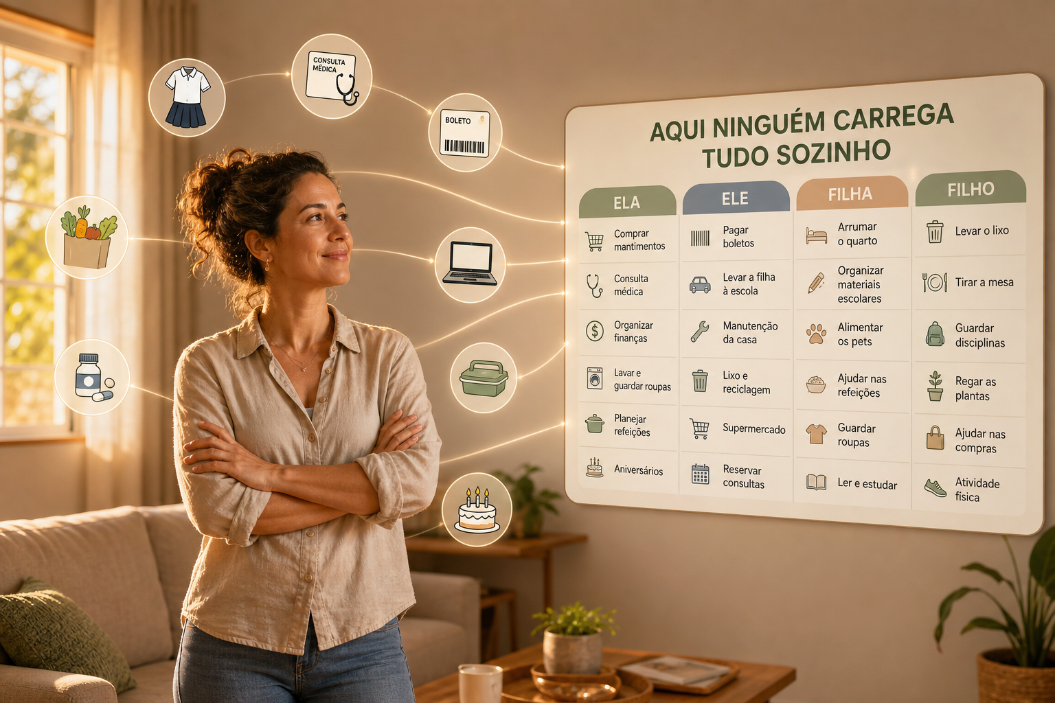 Mulher no centro com responsabilidades ao redor — uniforme, consulta, boleto, mercado, reunião, remédio, trabalho, lancheira e aniversário — e essas tarefas saindo da cabeça dela e indo para um quadro dividido entre ela, ele, a filha e o filho