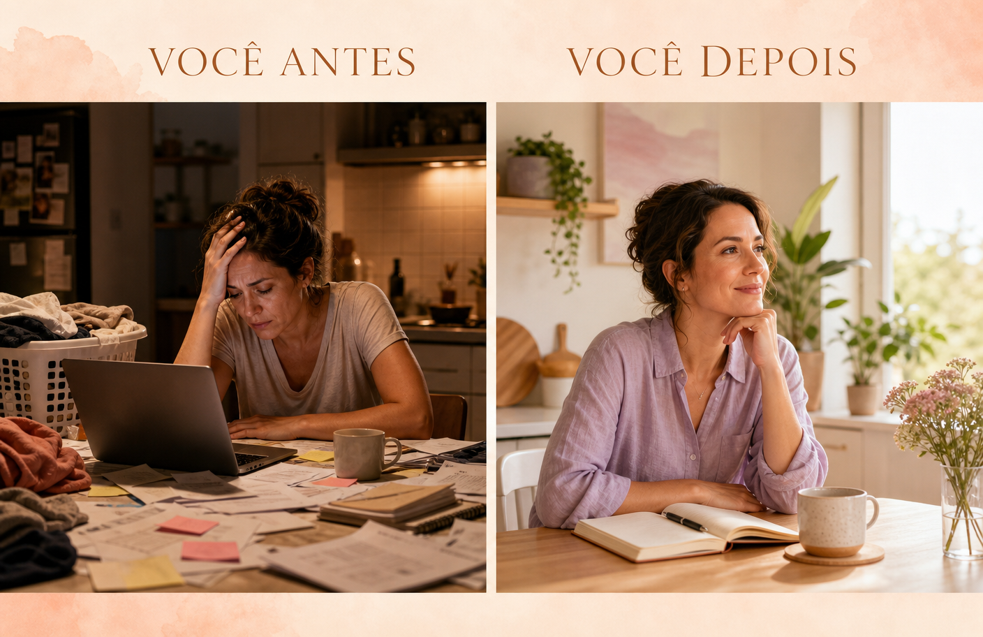 Montagem lado a lado: à esquerda, mulher exausta em meio a tarefas e post-its; à direita, a mesma mulher mais serena com agenda aberta em uma mesa organizada