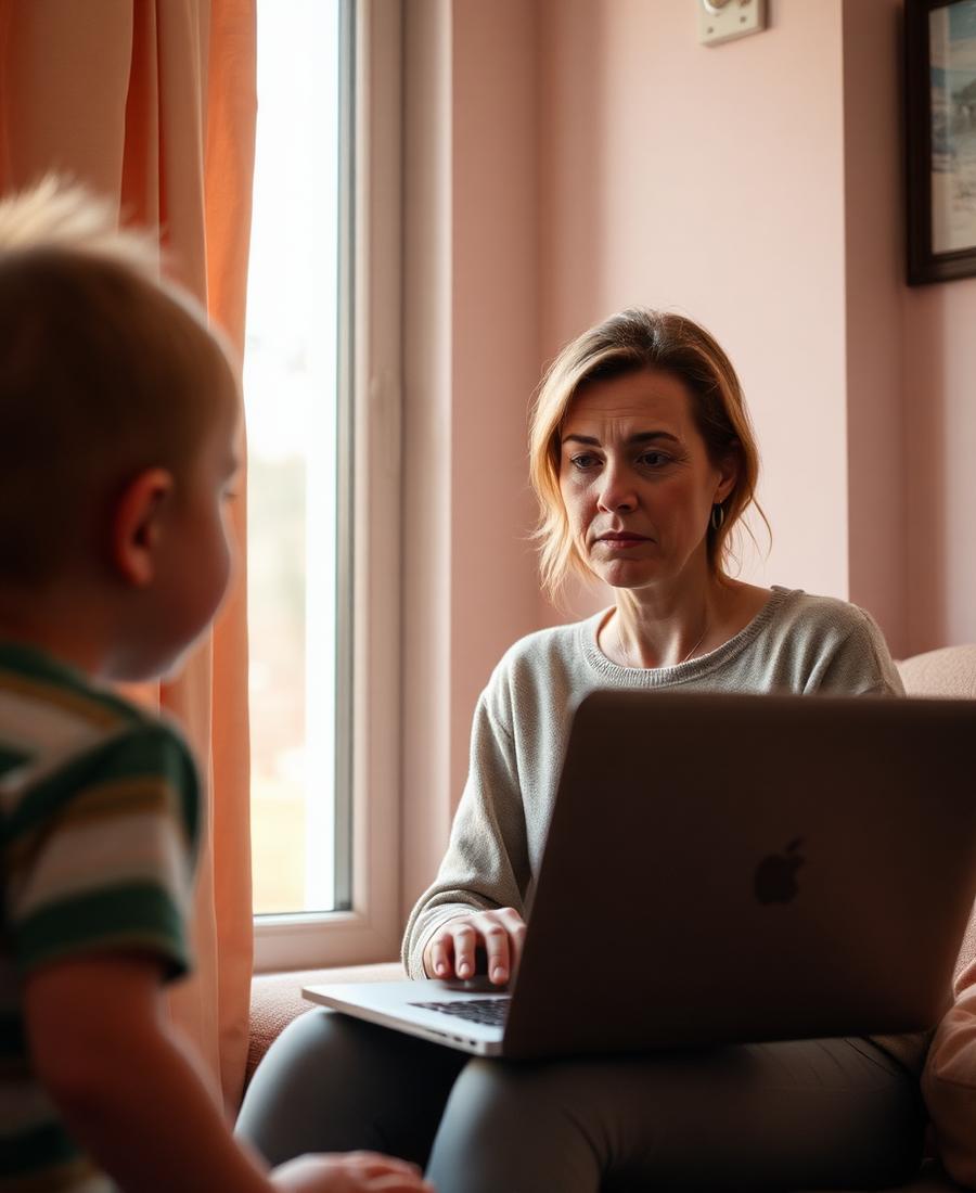 Mulher trabalhando no notebook enquanto olha para o filho